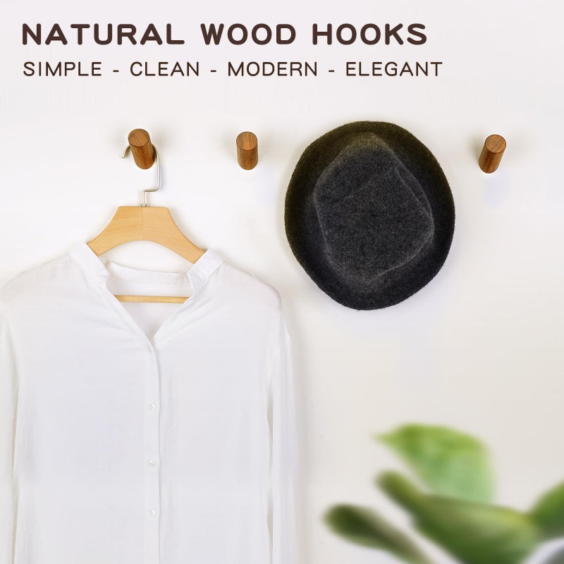 Felidio Wood Wall Hooks, 4 Pack Coat Hooks Wall Mounted, Rustic Wooden Heavy Duty Robe Hook Hat Rack, Hooks for Hanging Bathroom Towels Clothes Hanger (Walnut Wood) - Image 2